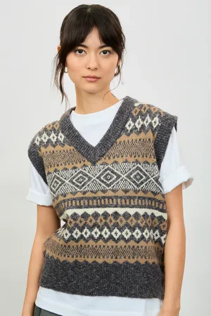 Glassworks London Charcoal Ivory And Beige Fair Isle Vest