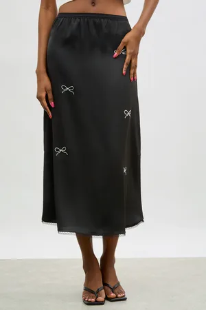Glassworks London Satin Diamante Bow Midi Skirt