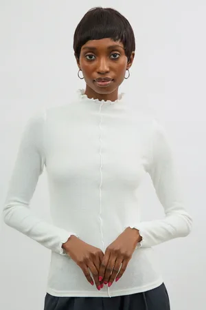 Glassworks London Ivory Ribbed Ruffle Trim Long Sleeved Top