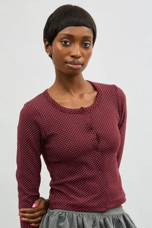Glassworks London Burgundy And Ivory Polka Dot Button Up Top