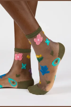 Glassworks London Khaki Bright Multicolour Sheer Floral Socks