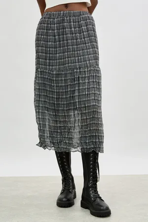 Glassworks London Ivory And Black Plaid Tiered Midi Skirt