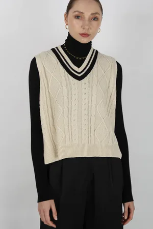 Glassworks London Ivory And Black Varsity Trim Sweater Vest