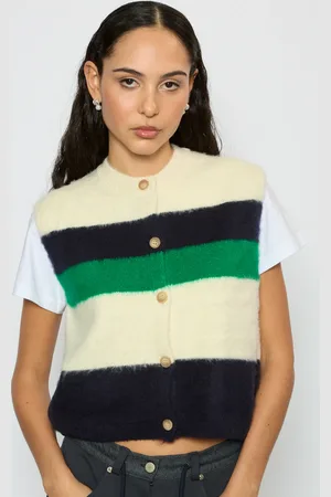 Glassworks London Ivory And Navy Striped Button Up Sweater Vest