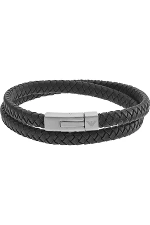 Emporio Armani Mens Double Black Leather and Steel Woven Bracelet
