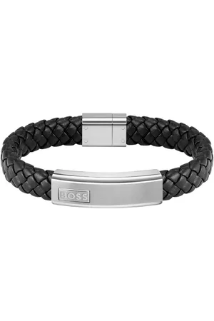 HUGO BOSS Mens Black Woven Leather Bracelet