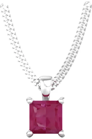 By Request 9ct White Gold 4 Claw Square Ruby 5mm x 5mm Pendant & Chain