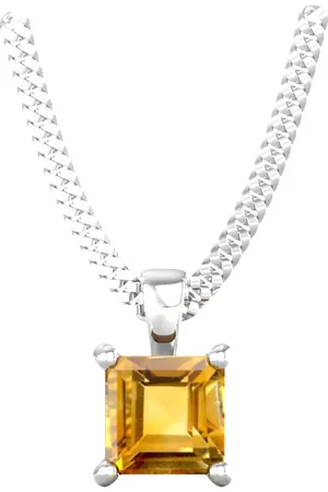 By Request 9ct White Gold 4 Claw Square Citrine 5mm x 5mm Pendant & Chain
