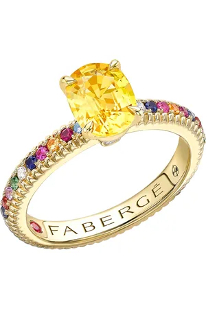 Faberge Colours of Love 18ct Yellow Gold Oval Yellow Sapphire Fluted Ring with Multicoloured Gemstone Shoulders - Ring Size I