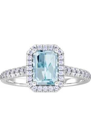 By Request 9ct White Gold Aquamarine & Diamond Halo Ring with Diamond Shoulders - Ring Size A