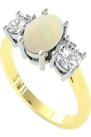 By Request 18ct Yellow Gold Oval Opal & 0.72ct Diamond 3 Stone Ring - Ring Size A