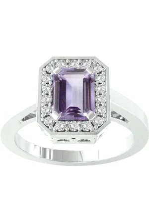 By Request 9ct White Gold Rectangular Amethyst & Diamond Halo Ring - Ring Size A