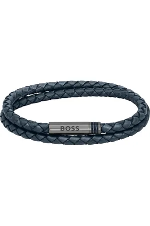 HUGO BOSS Mens Ares Navy Leather Bracelet