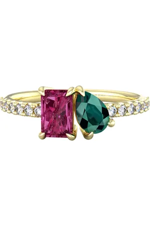 By Request 9ct Yellow Gold Moi Et Toi Pear Green Tourmaline & Rectangular Pink Tourmaline Ring - Ring Size A.5