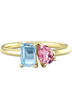 By Request 18ct Yellow Gold Moi Et Toi Pear Pink Topaz & Rectangular Blue Topaz Ring - Ring Size A