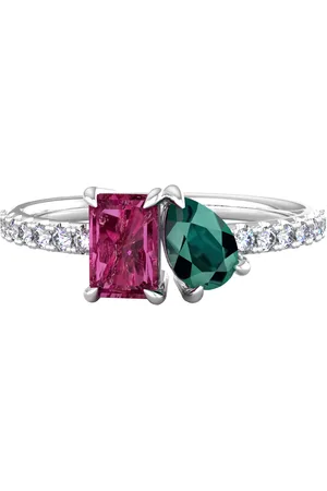 By Request 9ct White Gold Moi Et Toi Pear Green Tourmaline & Rectangular Pink Tourmaline Ring - Ring Size H