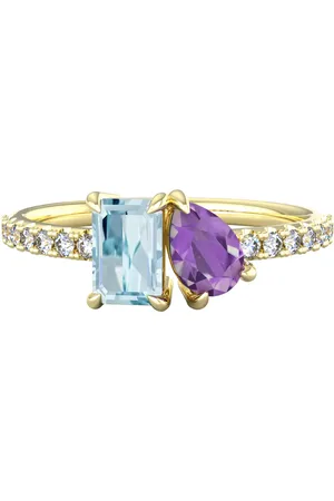 By Request 9ct Yellow Gold Moi Et Toi Pear Amethyst & Rectangular Aquamarine Ring - Ring Size A