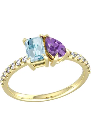 By Request 18ct Yellow Gold Moi Et Toi Pear Amethyst & Rectangular Aquamarine Ring - Ring Size A