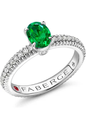 Faberge Colours of Love 18ct White Gold Emerald Fluted Ring with Diamond Set Shoulders - Ring Size L.5