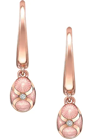 Faberge Heritage 18ct Rose Gold Diamond & Pink Guilloché Enamel Hoop Drop Earrings