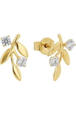 Amor 14ct Yellow Gold Cubic Zirconia Leaf Stud Earrings