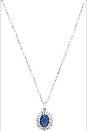 Amor Silver Oval Cut Blue Stone Pendant Necklace