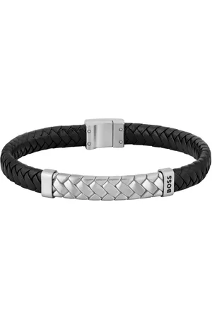 HUGO BOSS Gents Tailored Black Leather & Stainless Steel Herringbone Bracelet