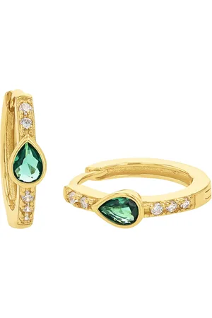 Amor Yellow Gold Coloured Sterling Silver Green Glass Stone Hoop Earrings