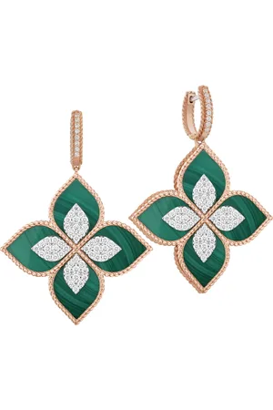 Roberto Coin Princess Flower 18ct Rose Gold 1.56ct Diamond & Malachite Drop Earrings