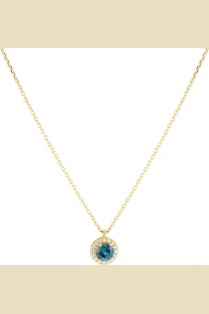 GOLDSMITHS 18ct Yellow Gold Teal Sapphire & 0.10ct Diamond Halo Pendant