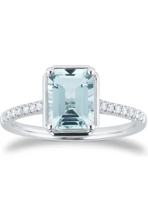 GOLDSMITHS 18ct White Gold Aquamarine and 0.10cttw Emerald Cut Diamond Ring - Ring Size N