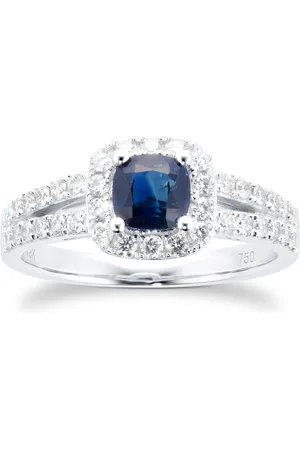 GOLDSMITHS 18ct White Gold Sapphire & 0.43cttw Diamond Cushion Cut Halo Ring - Ring Size O