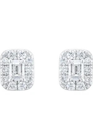 GOLDSMITHS 9ct White Gold 0.30cttw Emerald Cut Diamond Halo Stud Earrings