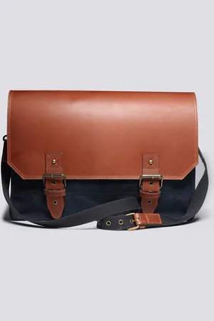 GRENSON Messenger Bag In Navy Canvas And Tan Leather, Canvas/Leather