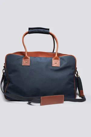 GRENSON Holdall In Navy Canvas And Tan Leather, Canvas/Leather