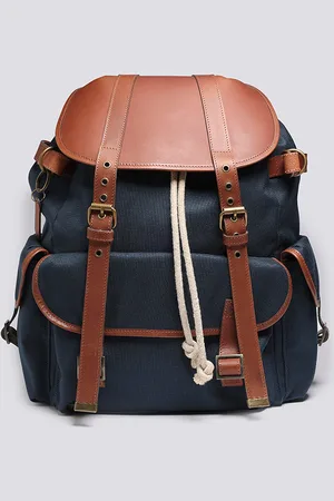 GRENSON Large Backpack In Navy Canvas And Tan Leather, Canvas/Leather