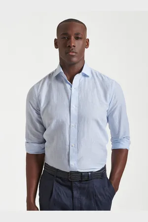Gutteridge Semi-French collar shirt in linen and striped cotton, Unisex, , Size: 39