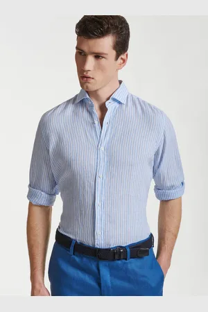 Gutteridge Semi-French collar shirt in pure linen striped, Unisex, , Size: 45