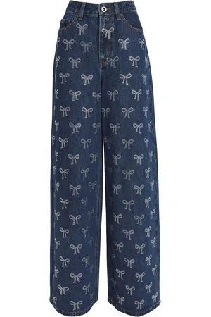 Self-Portrait Rhinestone-Bow High-Rise Wide-Leg Jeans