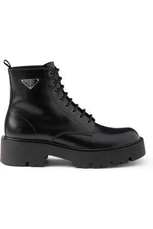 Prada Leather Logo-Plate Lace-Up Boots