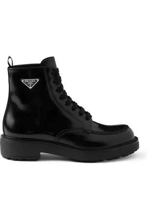 Prada Leather Logo-Plate Lace-Up Boots