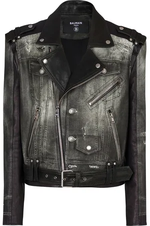 Balmain Leather Denim Print Biker Jacker