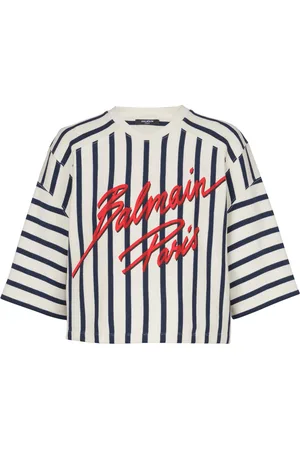 Balmain Cotton Striped Logo Baseball T-Shirt