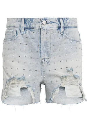 GOOD AMERICAN Distressed Crystal Denim Shorts