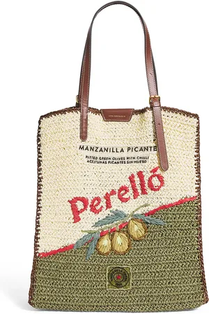 Anya Hindmarch Large Leather-Raffia Olives Tote Bag