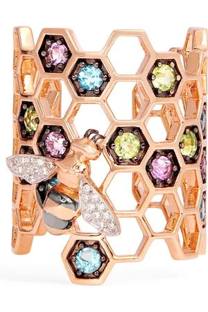 BEE GODDESS Yellow Gold, Diamond and Mixed Stone Honeycomb Ring