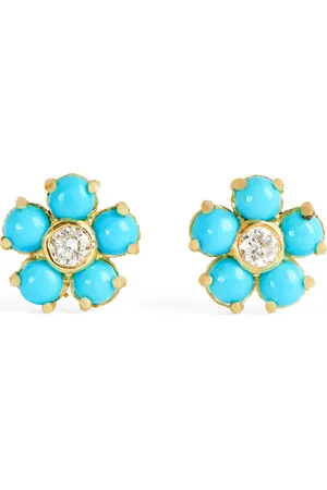 Jennifer Meyer Yellow , Diamond and Turquoise Flower Stud Earrings