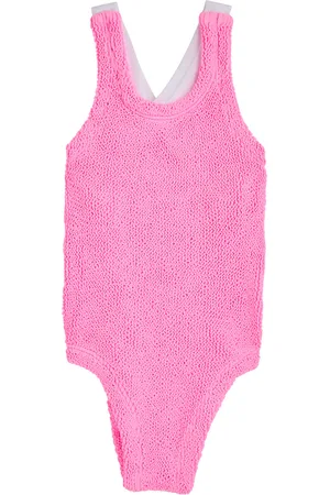 Hunza G Kids Lara Seersucker Swimsuit (2-6 Years), , Scoop-neck, Elasticated, Bow Detail, Ruffled Trim, Machine Wash, Lara - 2YR-6YR
