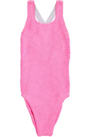Hunza G Kids Lara Seersucker Swimsuit (7-12 Years), , Scoop-neck, Elasticated, Bow Detail, Ruffled Trim, Machine Wash, Kids Swimsuit - 7YR-12YR