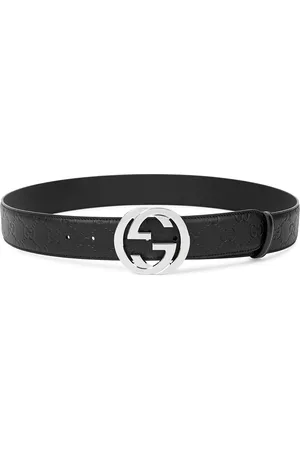 Gucci GG Black Embossed Leather Belt, Belt, Black & Silver